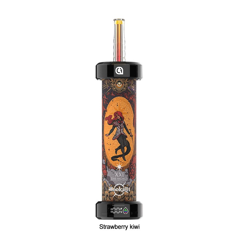 Strawberry Kiwi Olit Hookalit 40000 Disposable Vape showcasing its cylindrical tower body, retro tarot card graphic styling, and long translucent mouthpieces.