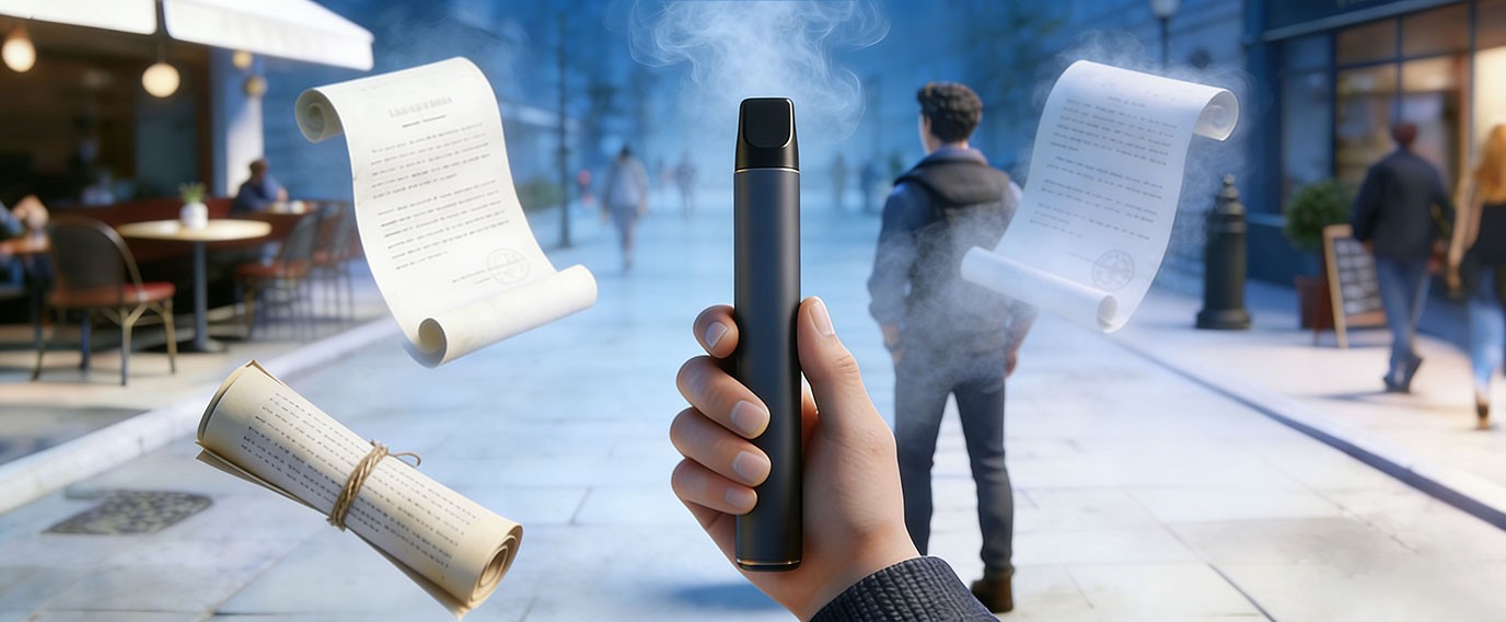 close-up of a vape device releasing vapor clouds in an open public area