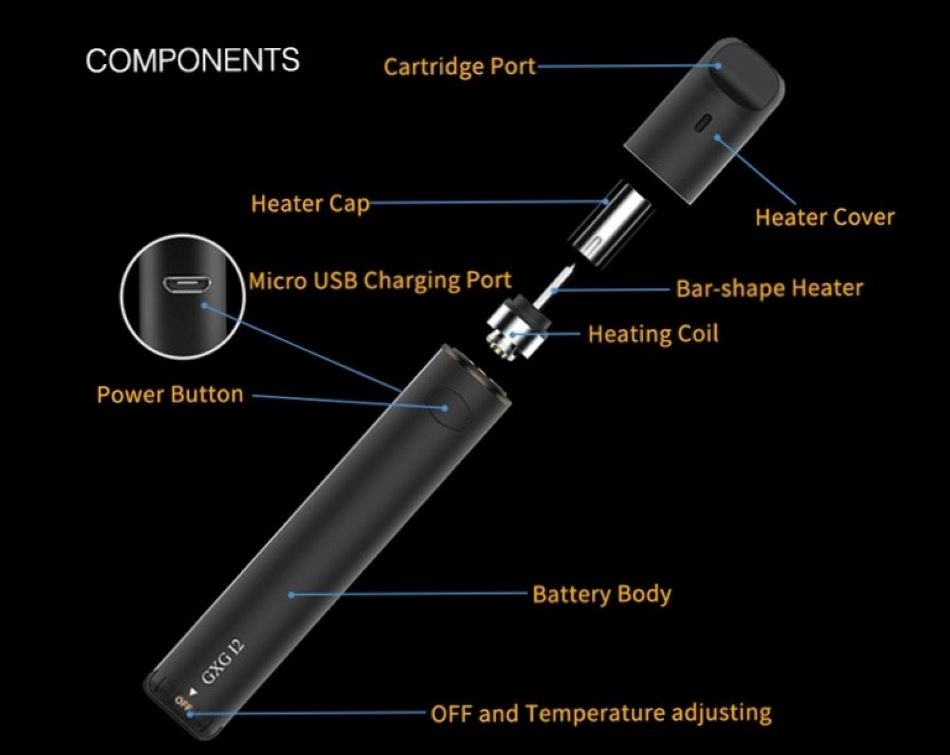 Kamry GXG Push Heat Not Burn Vape Pen Kit 650mAh Components