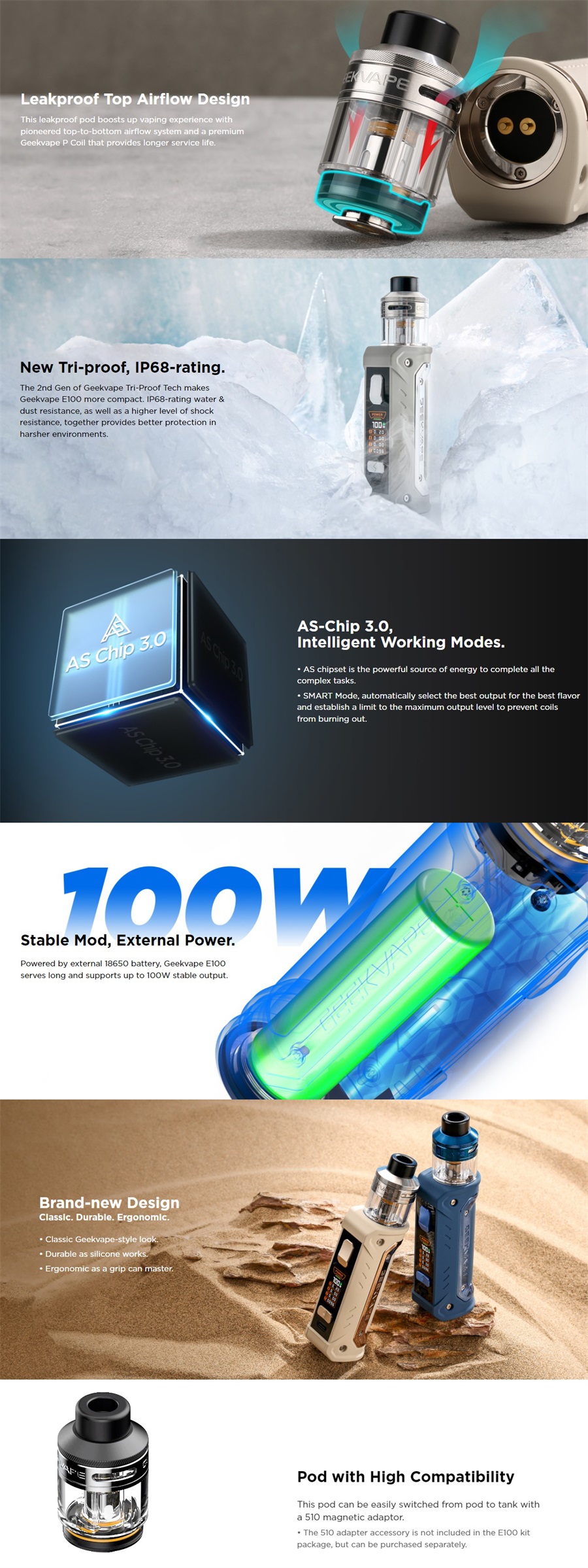 Geekvape E100&E100i Kit, Aegis Eteno Pod Mod Kit 100W