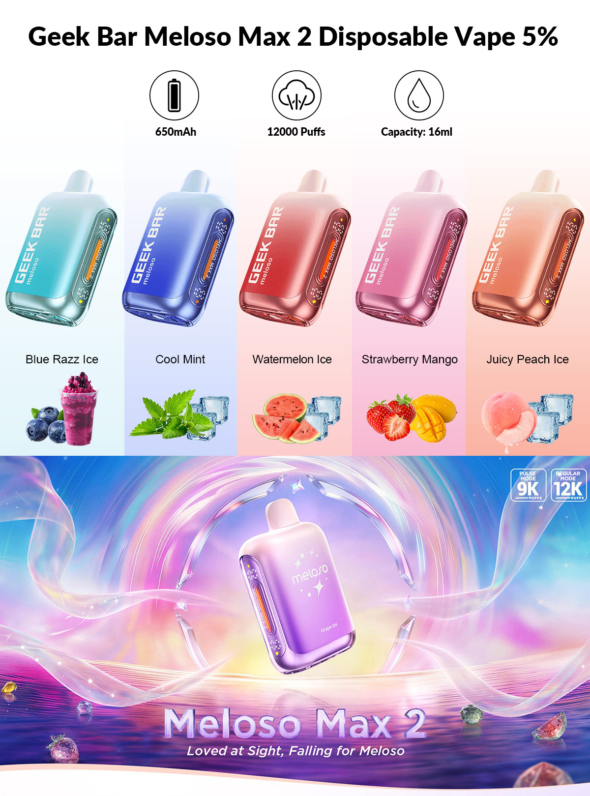 colors 2 disposable vape Geek Bar Meloso Max 5% Flavor:Watermelon Apple Air Bar Stick 2500 fruit loops